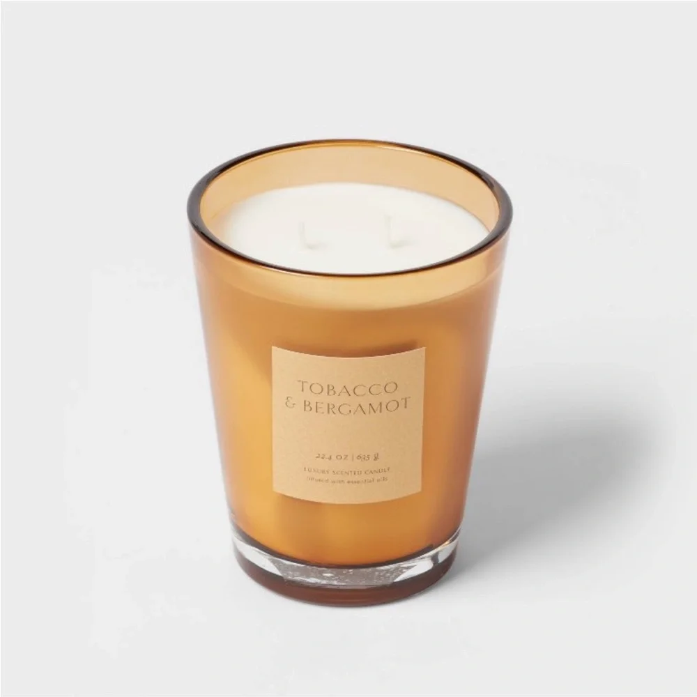 THRESHOLD NWT colored vase glass w/ dustcover tobacco bergamot candle -22.4oz